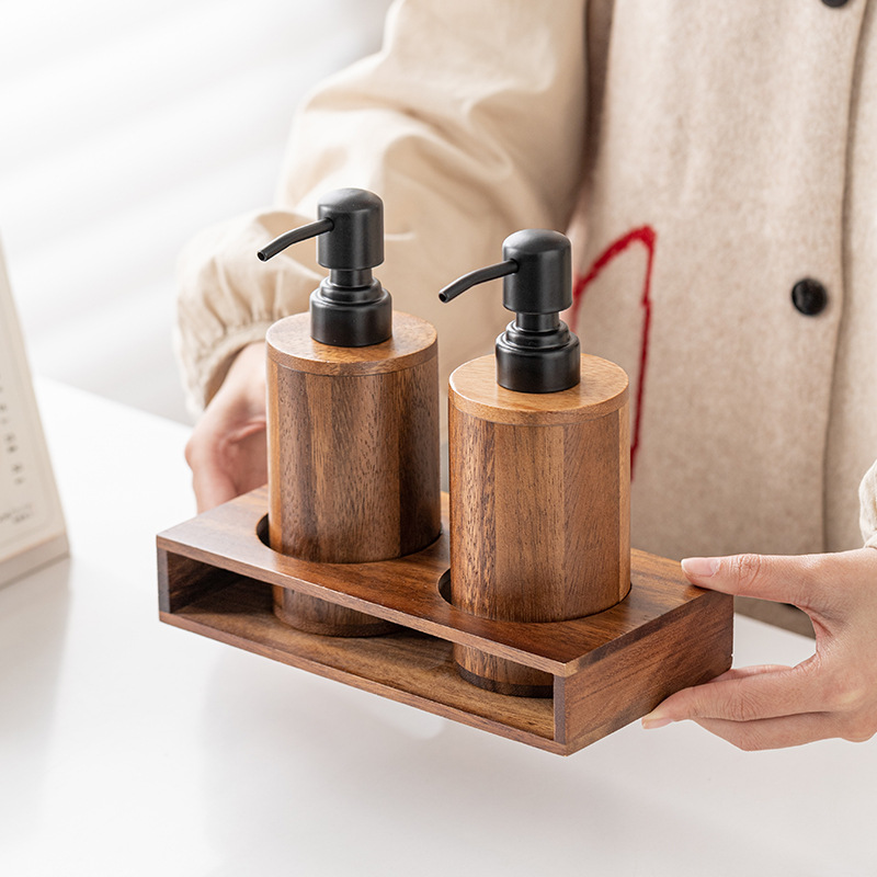 Luxury Skincare Bottles - ขวดเปล่าแบบกดทำจากไม้วอลนัทสำหรับแบ่งบรรจุ กระป๋องเปล่าสำหรับผลิตภัณฑ์ดูแลผิว เช่น แชมพู น้ำยาฆ่าเชื้อโรคบนมือ ทำจากไม้เนื้อแข็งอย่างดี