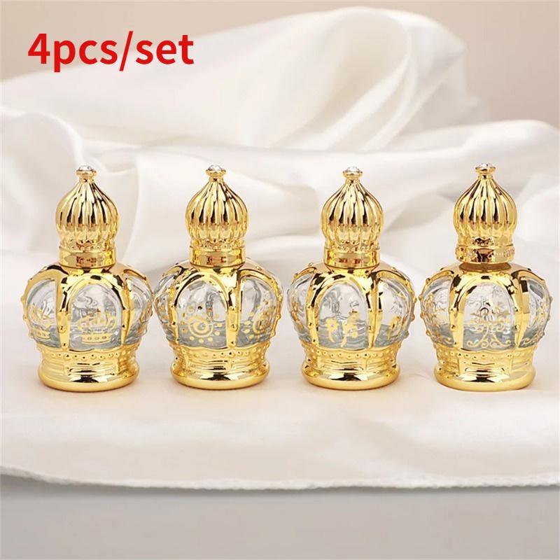 Luxury Skincare Bottles - 4 ชิ้น/ชุด ขวดโรลออนน้ำมันหอมระเหยสีทองหรูหรา ขวดแก้วเติมน้ำหอมแบบโรลออน ภาชนะบรรจุเครื่องสำอาง ลายสุ่ม